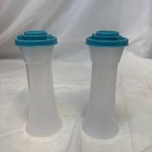Vintage Tupperware Salt and Pepper Shaker Teal Flip Top Hourglass Frosted White